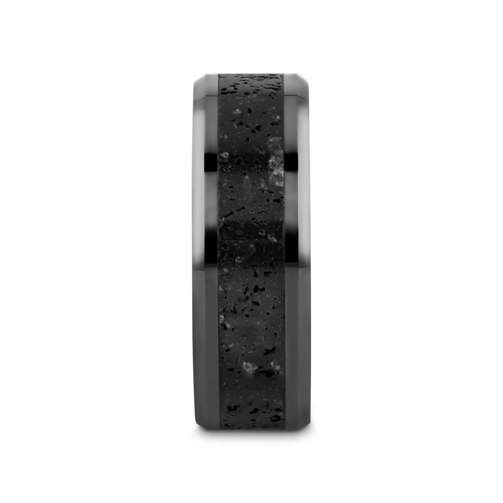 VESUVIUS Men’s Polished Black Ceramic Wedding Band with Black & Gray Lava Rock Stone Inlay & Polished Beveled Edges - 6m