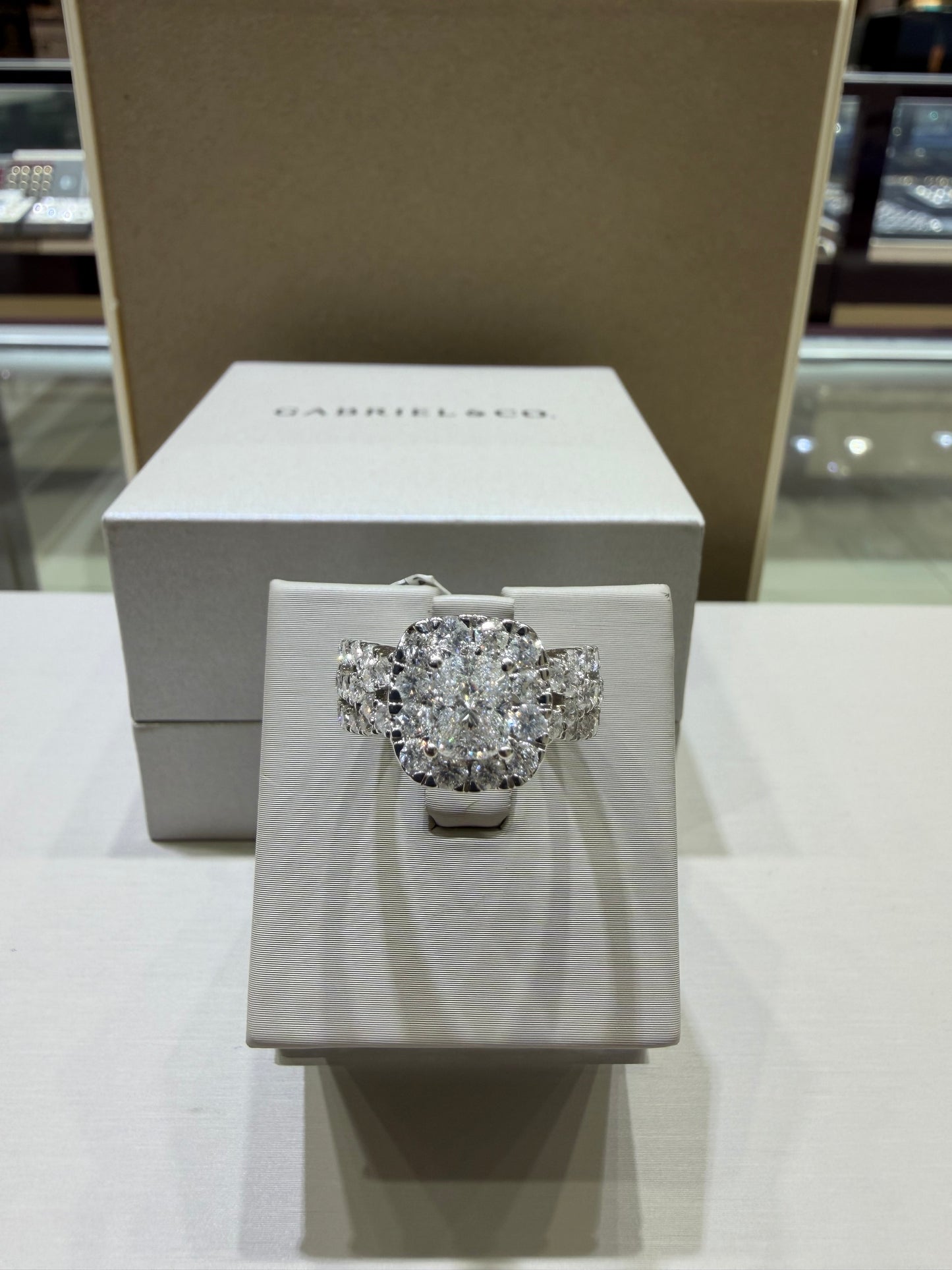 2.00 CTW Elongated Radiant-Style Composite Diamond Halo Engagement Ring in 14K White Gold – G Color, SI1-SI