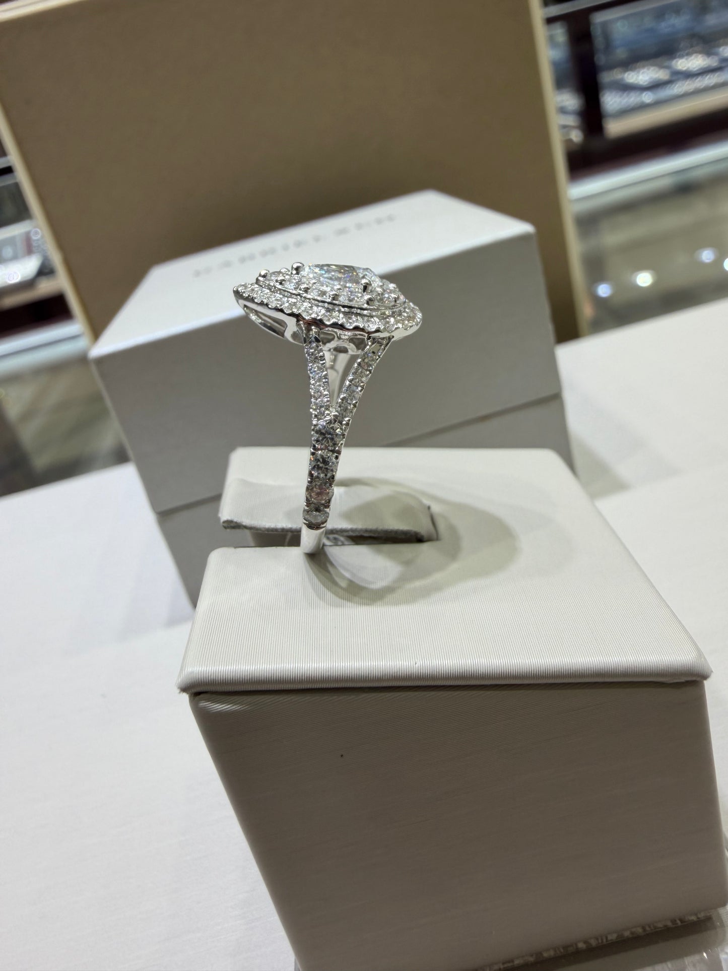 1.75 CTW Pear-Shaped Double Halo Diamond Engagement Ring in 14K White Gold – 0.50 CT Center