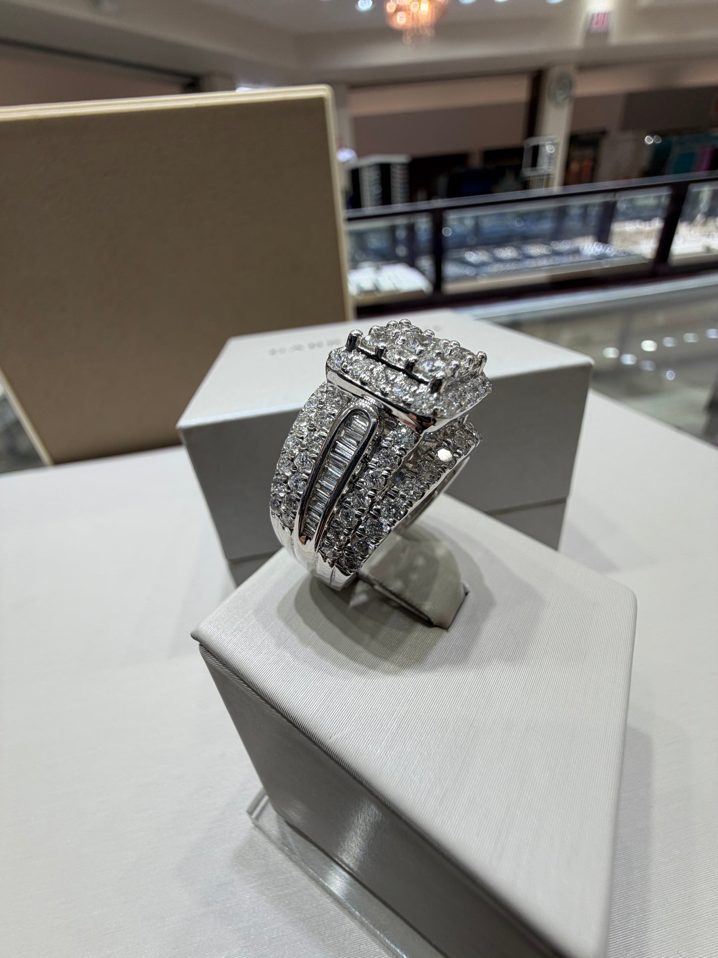 3 CTW Natural Round & Baguette Diamond Halo Ring | 14K White Gold