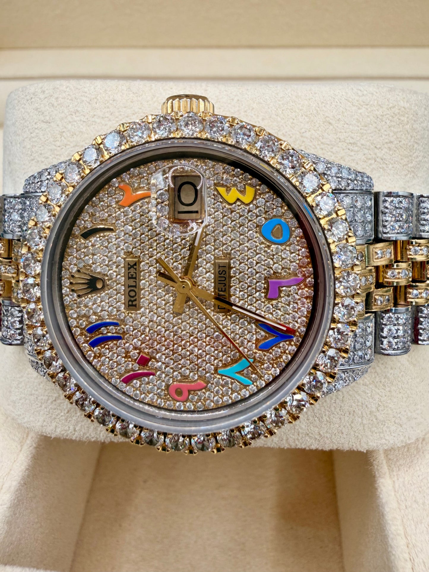 Rolex Datejust iced out Yellow gold/ Stainless steel Jubilee with Iced out Rainbow Arabic Numeral Diamond dial