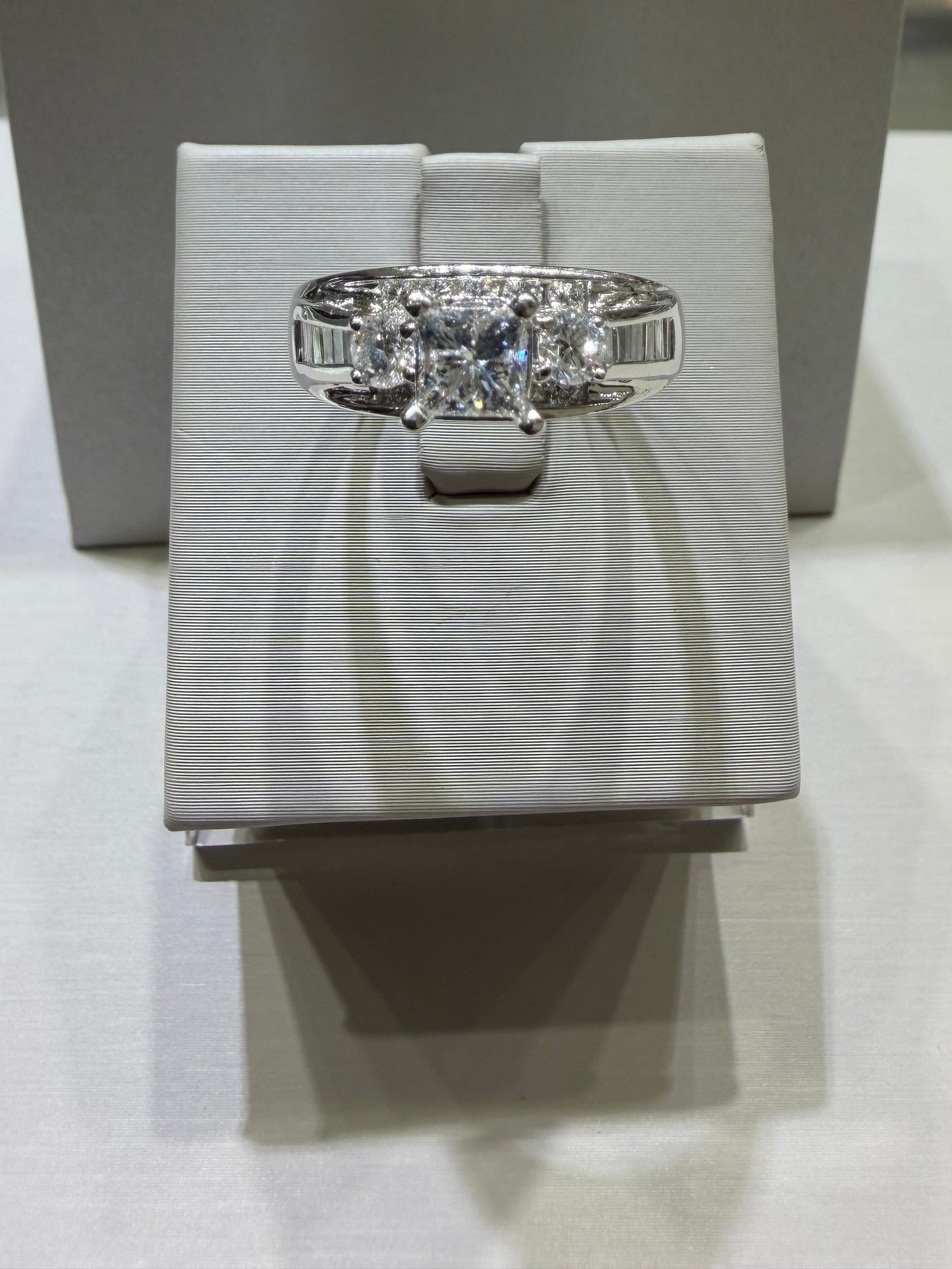 14K White Gold 1.45 CTW Natural Diamond Princess-Cut Engagement Ring with Baguette & Round Diamond Accents