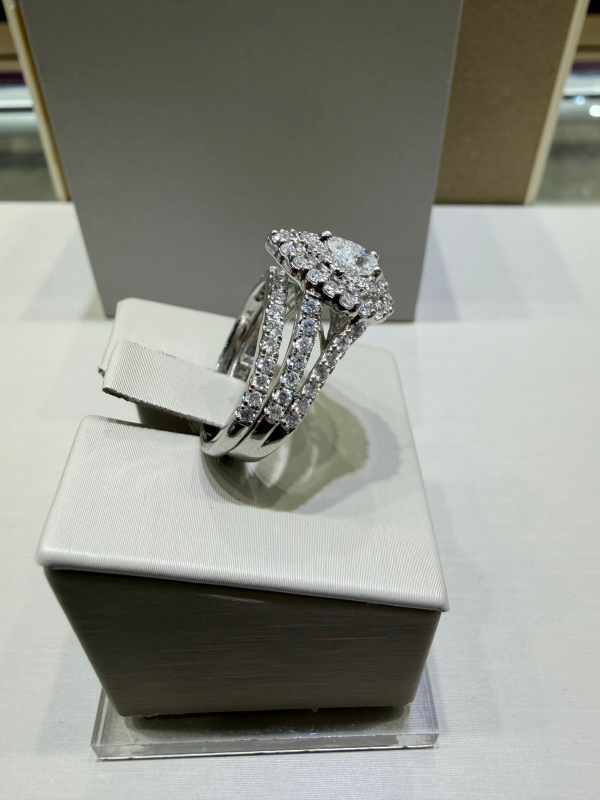 1.50 CTW Natural Diamond Pear Shape Double Halo Bridal Set | 14K White Gold
