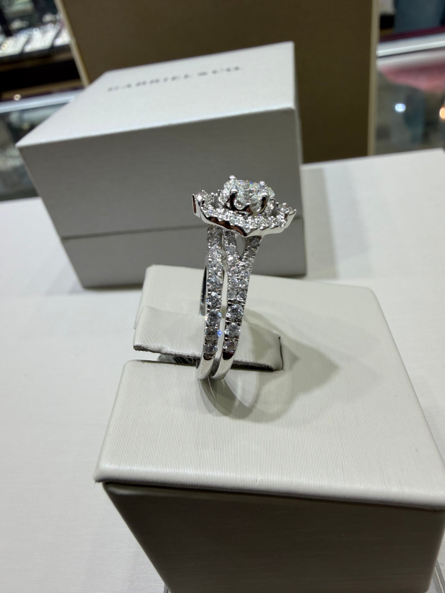 14K White Gold Oval Diamond Bypass Halo Wedding Set