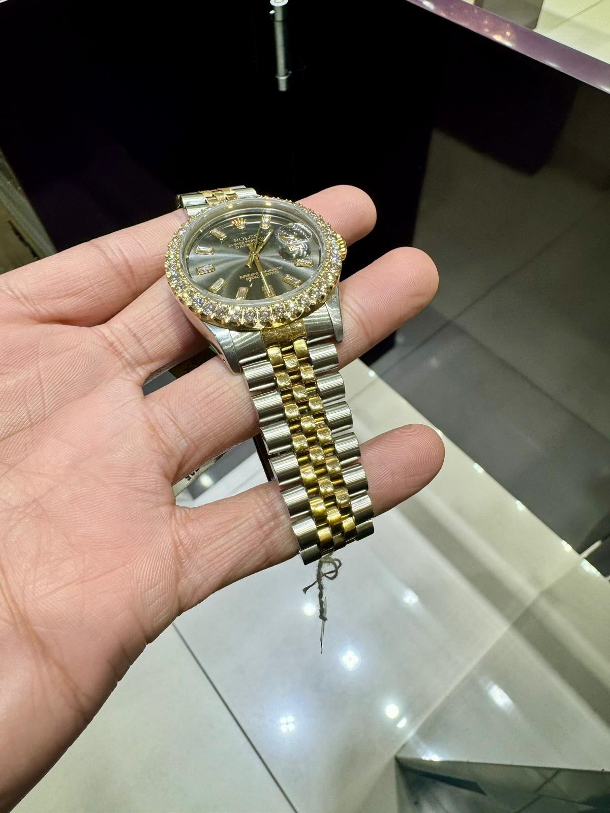 Diamond Gold Rolex Watch Unisex 16233 | 36Mm |  Gray Baguette Diamond Dial | Two Row 3 Carat Bezel | Jubilee Band