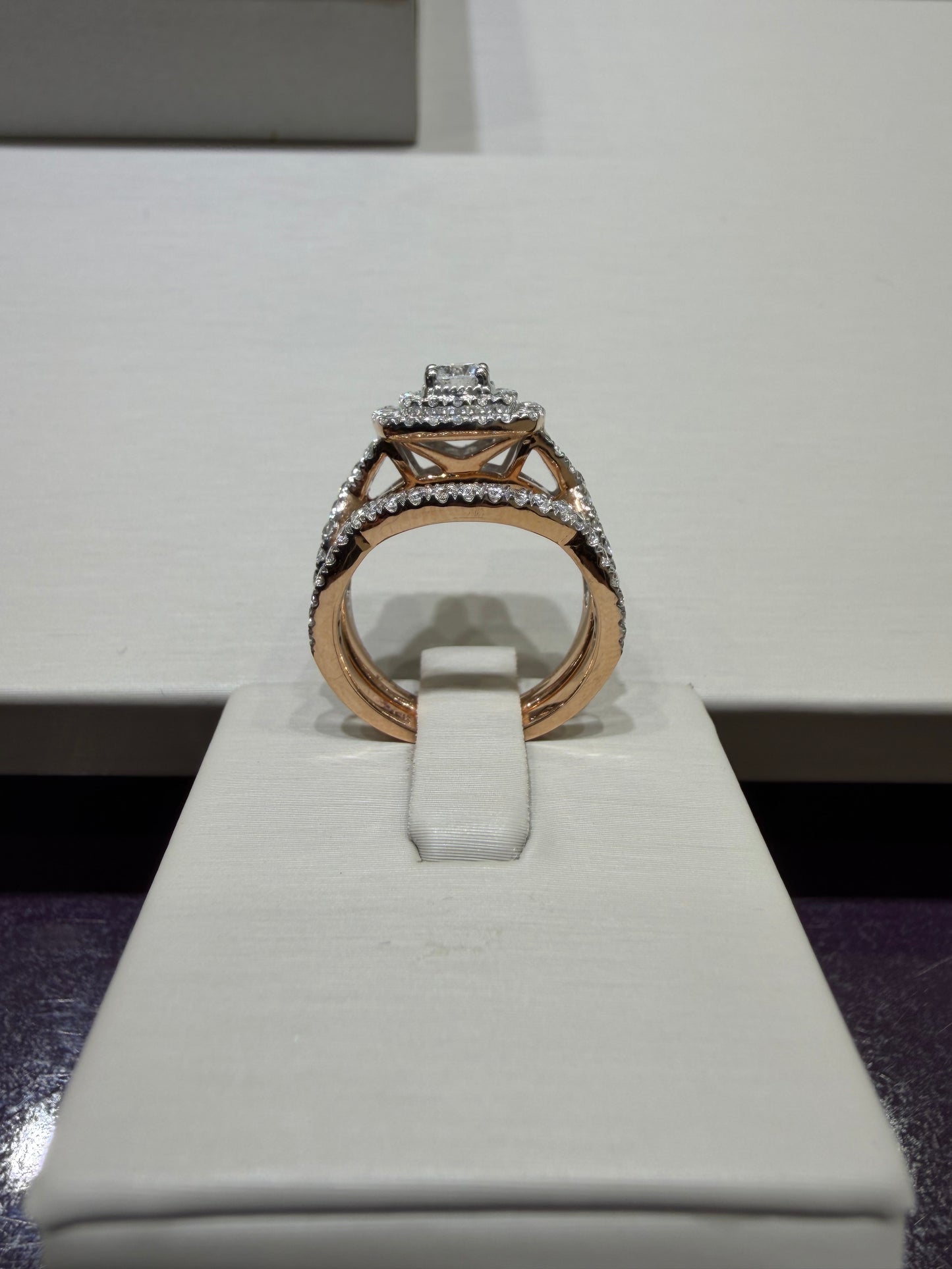 14K Rose Gold 1.50 CTW Round Diamond Double Halo Twist Wedding Set