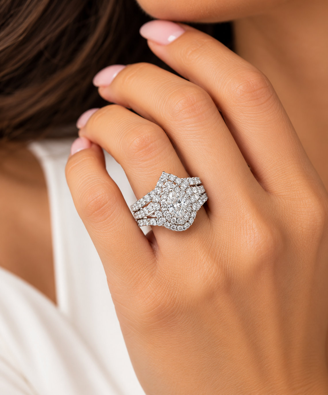 1.50 CTW Natural Diamond Pear Shape Double Halo Bridal Set | 14K White Gold