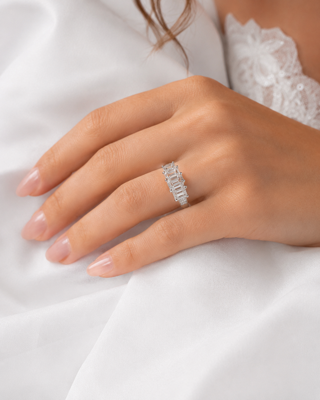 1.49 CTW Emerald Cut Three Stone Engagement Ring | 14K White Gold