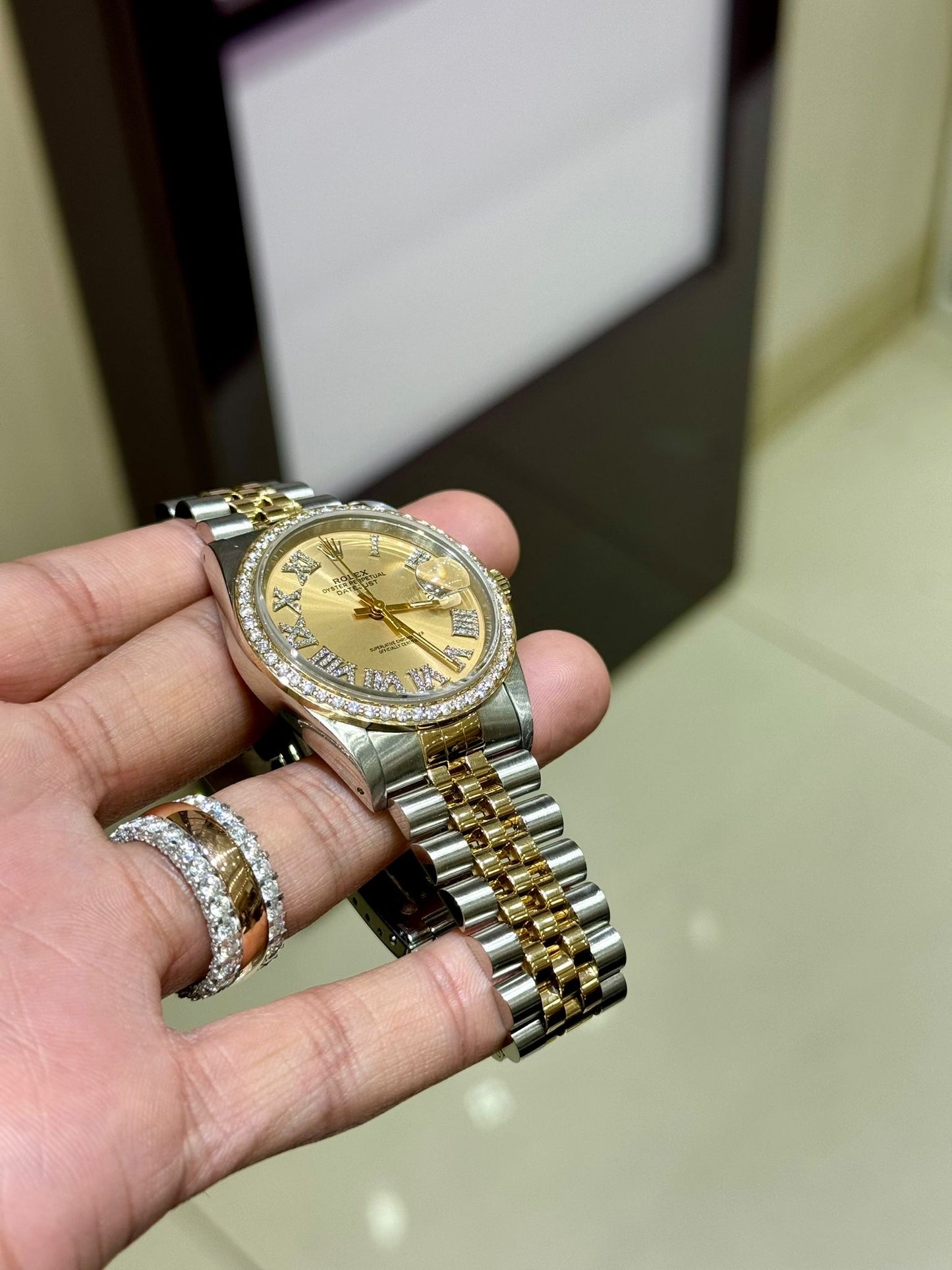 Diamond Gold Rolex Watch For Men 16233 | 36Mm | Gold Roman Numeral Dial | Single Row 1 Carat Bezel | Jubilee Band