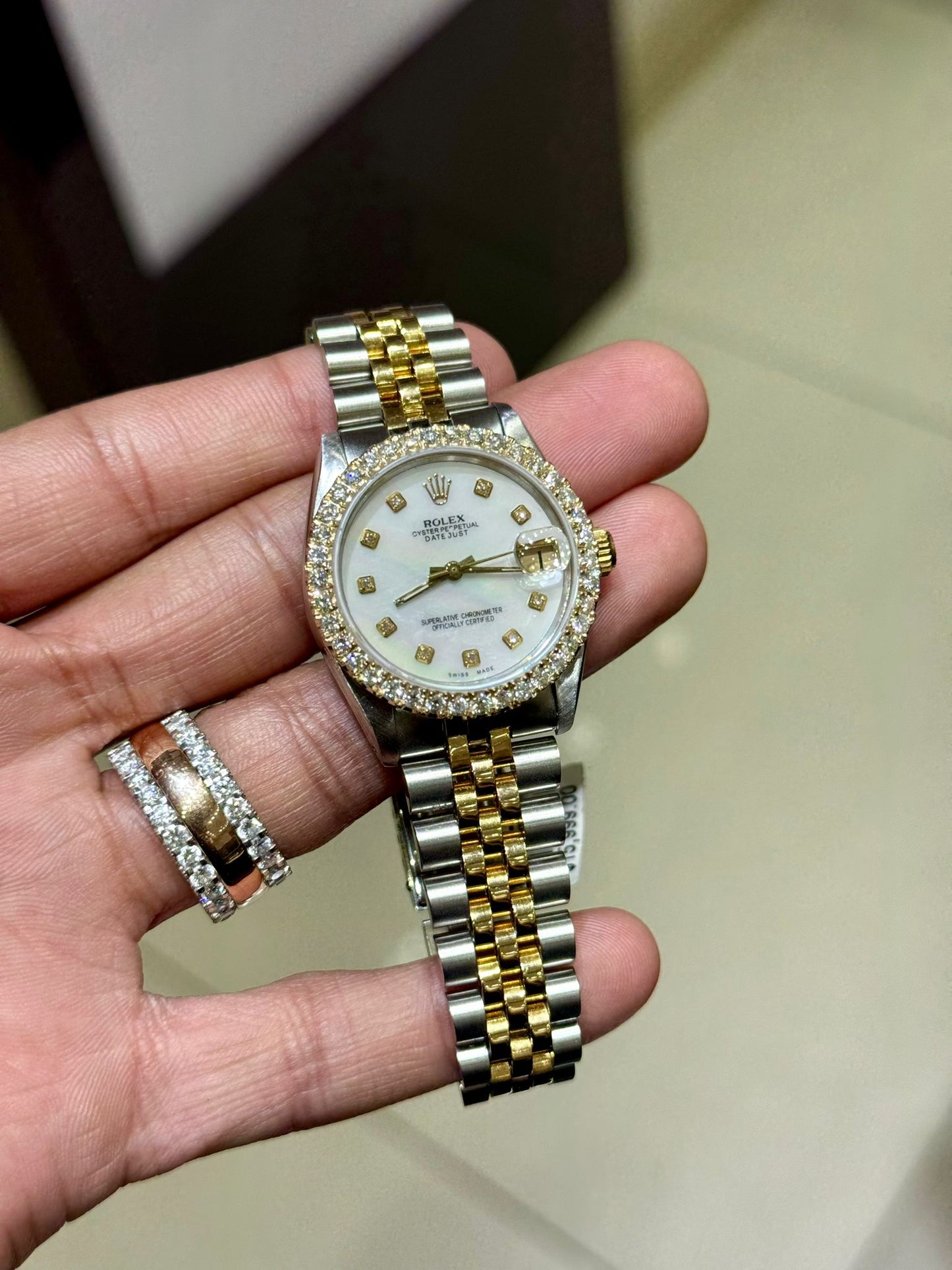 Rolex Datejust 6827 Ladies 31mm Jubilee white mother of pearl Diamond Dial with Diamond bezel