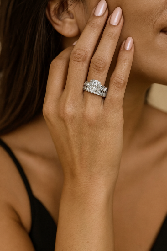 14K White Gold Radiant Halo Wedding Set – .46 Carat Center Diamond