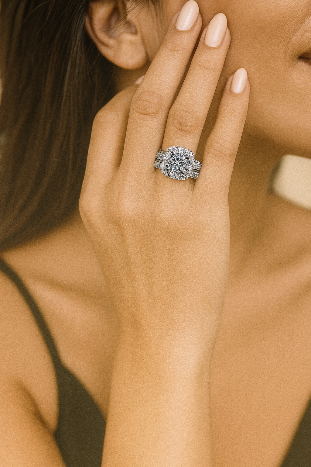 14K white gold halo wedding set with 1ct round diamond. Brilliant halo & matching band for timeless sparkle and elegance