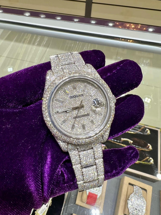 Diamond Iced Out Rolex Datejust 41 | 20 Carats Of Diamonds | Custom Baguette Stick Diamond Dial |Honey Comb Flower setting | Oyster Band