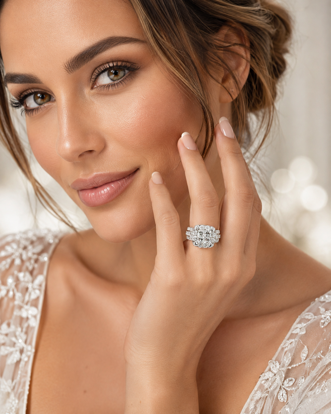 2.65 CTW Natural Diamond Princess Cut Composite Cushion Halo Engagement Ring in 14K White Gold