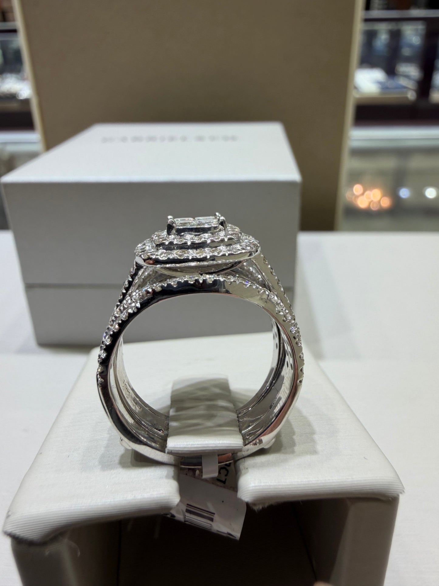 2.00 CTW Princess Cut Composite Double Halo Wedding Set with Enhancer in 10K White Gold – G-H Color, SI1 Clarity