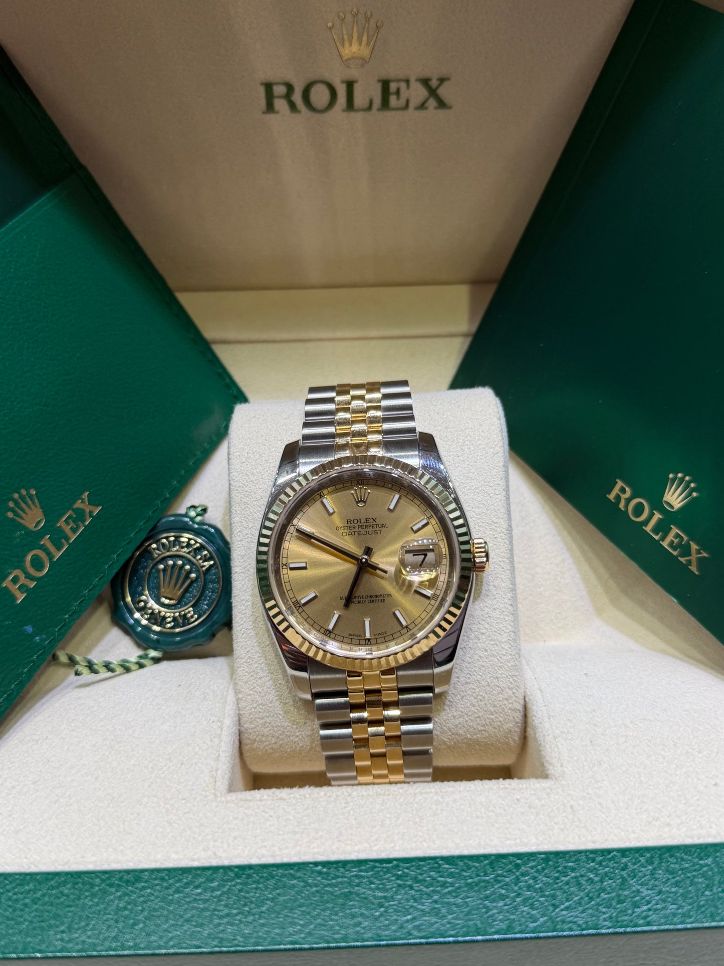 Rolex Datejust 36 116233 Champagne Index Dial Two-Tone 18K Gold Box & Papers