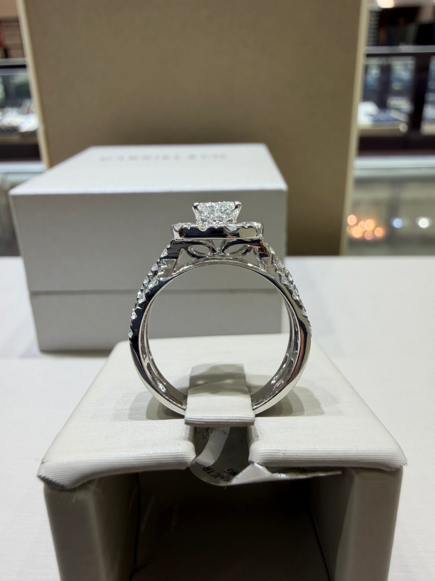 2.00 CTW Elongated Radiant-Style Composite Diamond Halo Engagement Ring in 14K White Gold – G Color, SI1-SI