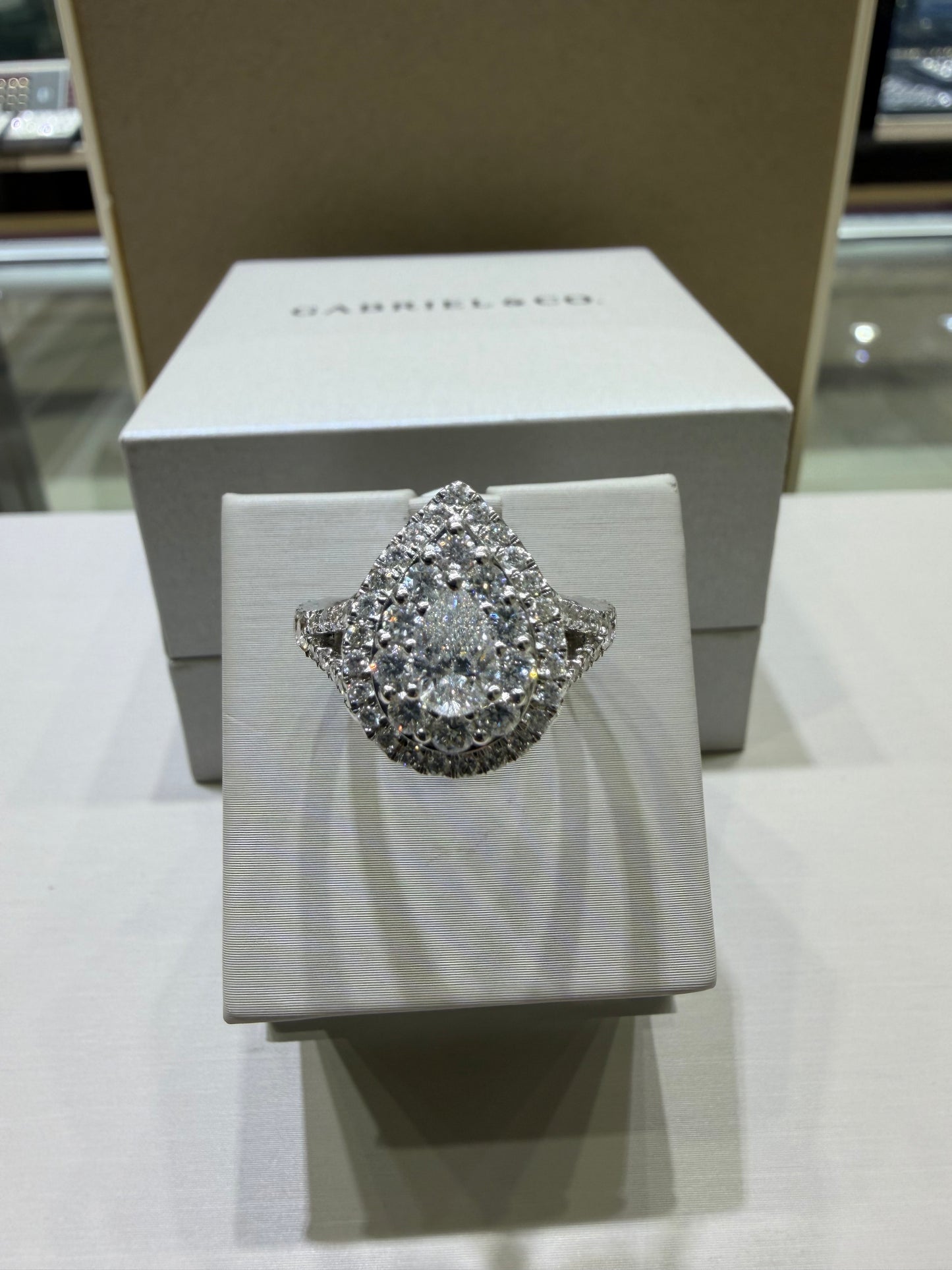 1.75 CTW Pear-Shaped Double Halo Diamond Engagement Ring in 14K White Gold – 0.50 CT Center