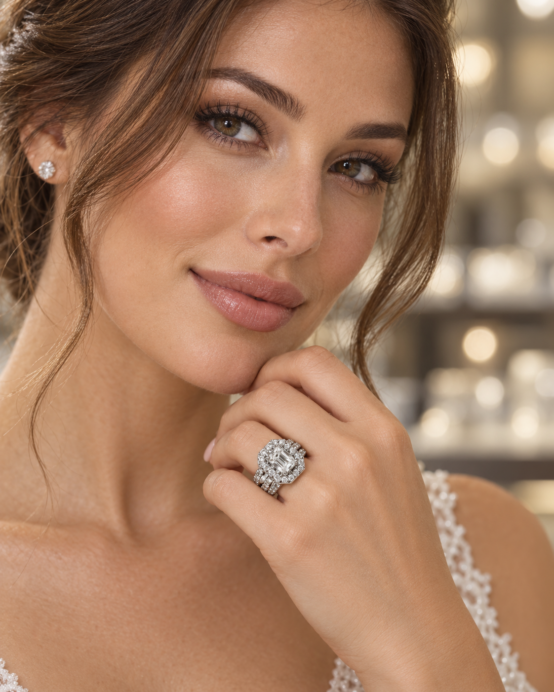 14k White Gold 1.97 CTW Natural Emerald-Cut Diamond Double Halo Wedding Set