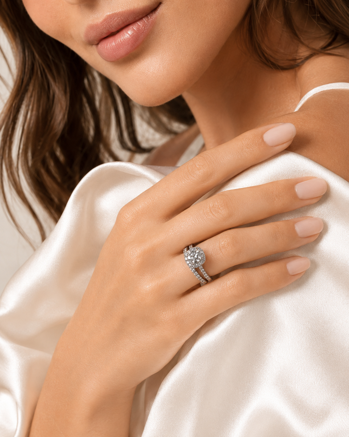 0.96 CTW Natural Diamond Halo Wedding Set in 14K White Gold – F-G Color, VS2-SI Clarity