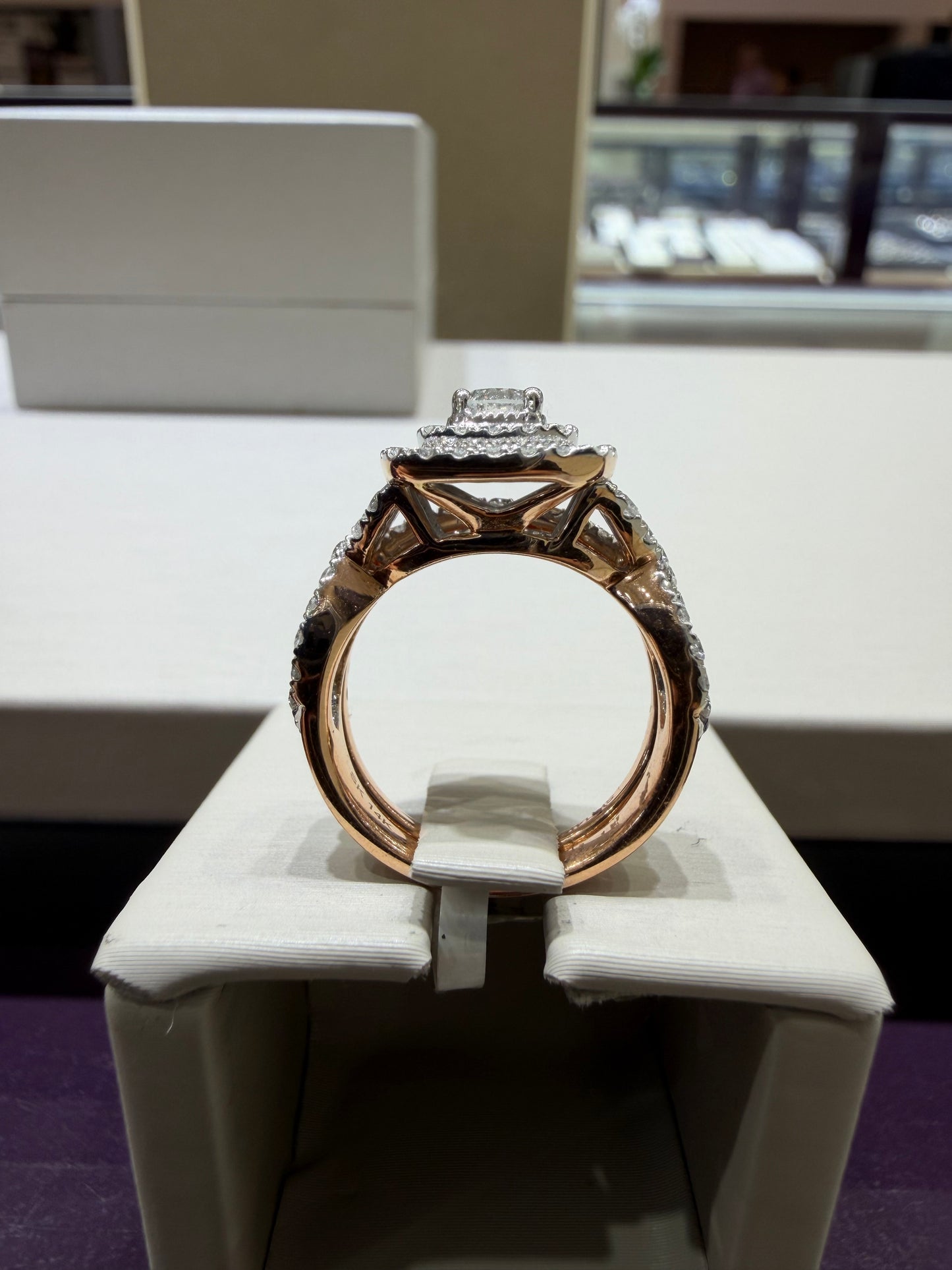 14K Rose Gold 1.50 CTW Round Diamond Double Halo Twist Wedding Set