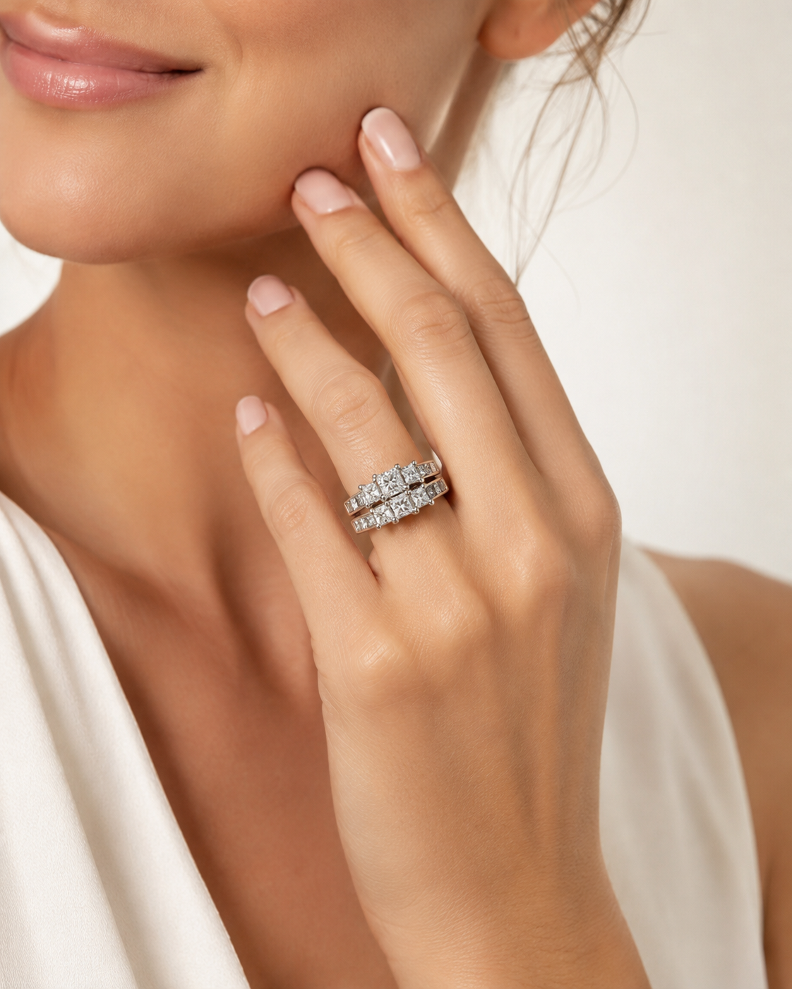 2.00 CTW Three-Stone Diamond Bridal Set in 14K White Gold (3/4 CT Center) | Monica Jewelers