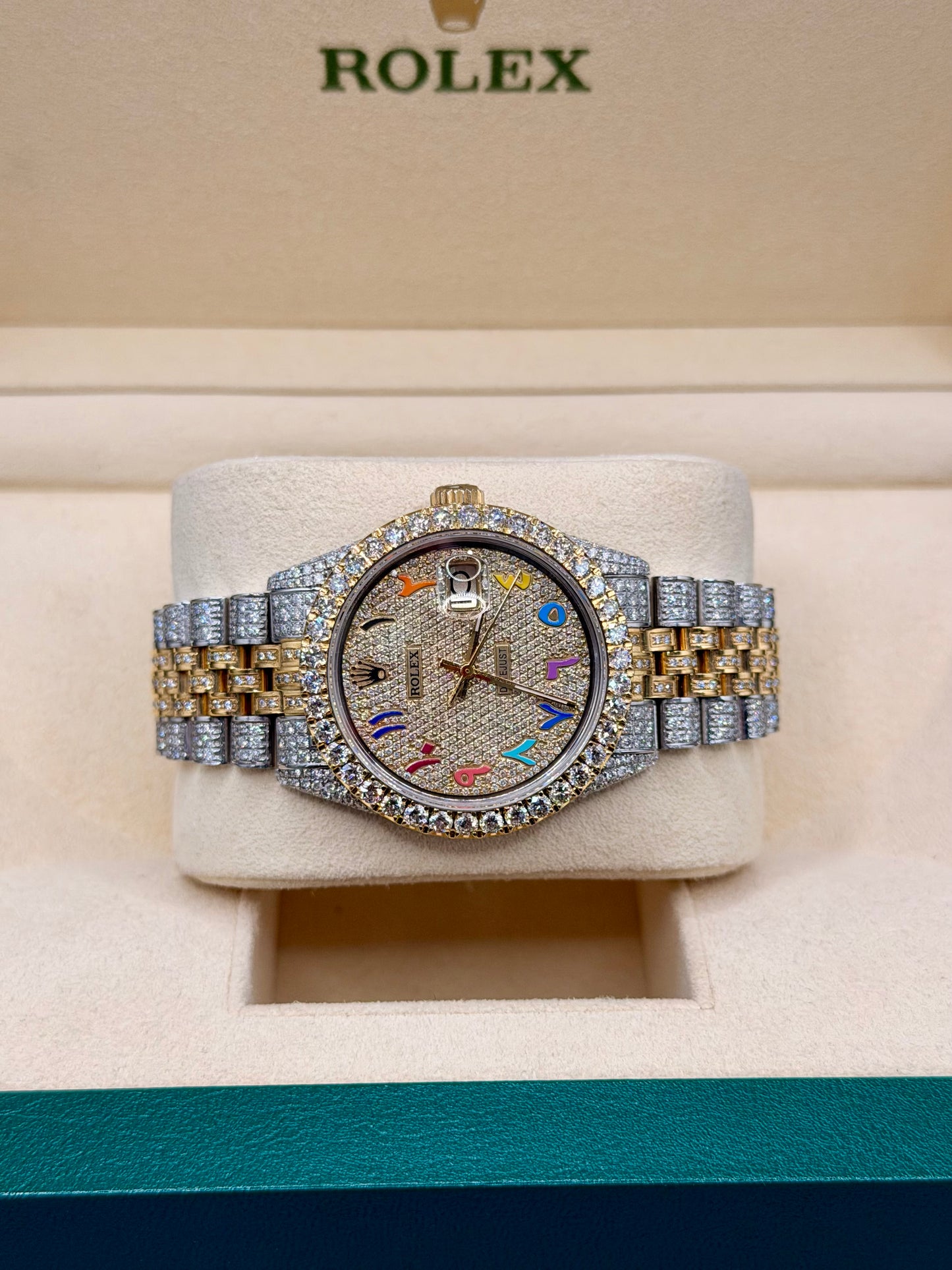 Rolex Datejust iced out Yellow gold/ Stainless steel Jubilee with Iced out Rainbow Arabic Numeral Diamond dial