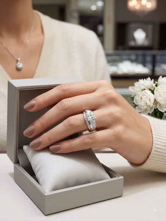 14K White Gold 1.45 CTW Natural Diamond Princess-Cut Engagement Ring with Baguette & Round Diamond Accents
