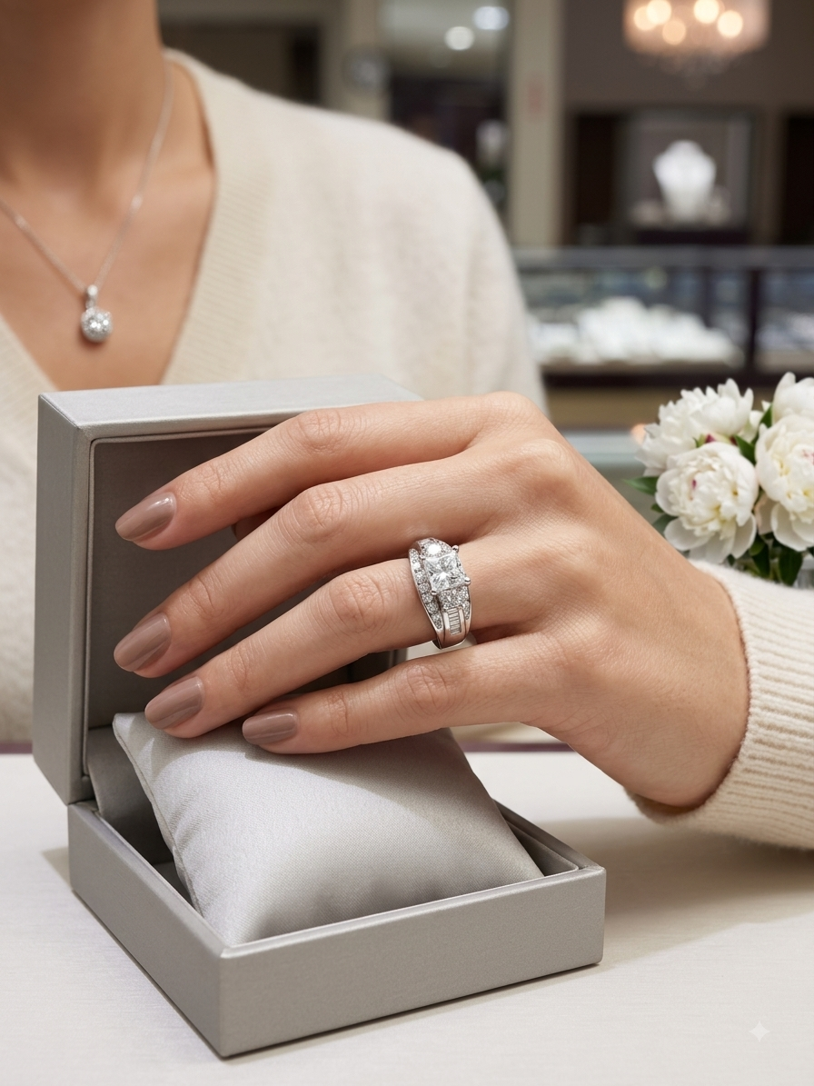 14K White Gold 1.45 CTW Natural Diamond Princess-Cut Engagement Ring with Baguette & Round Diamond Accents