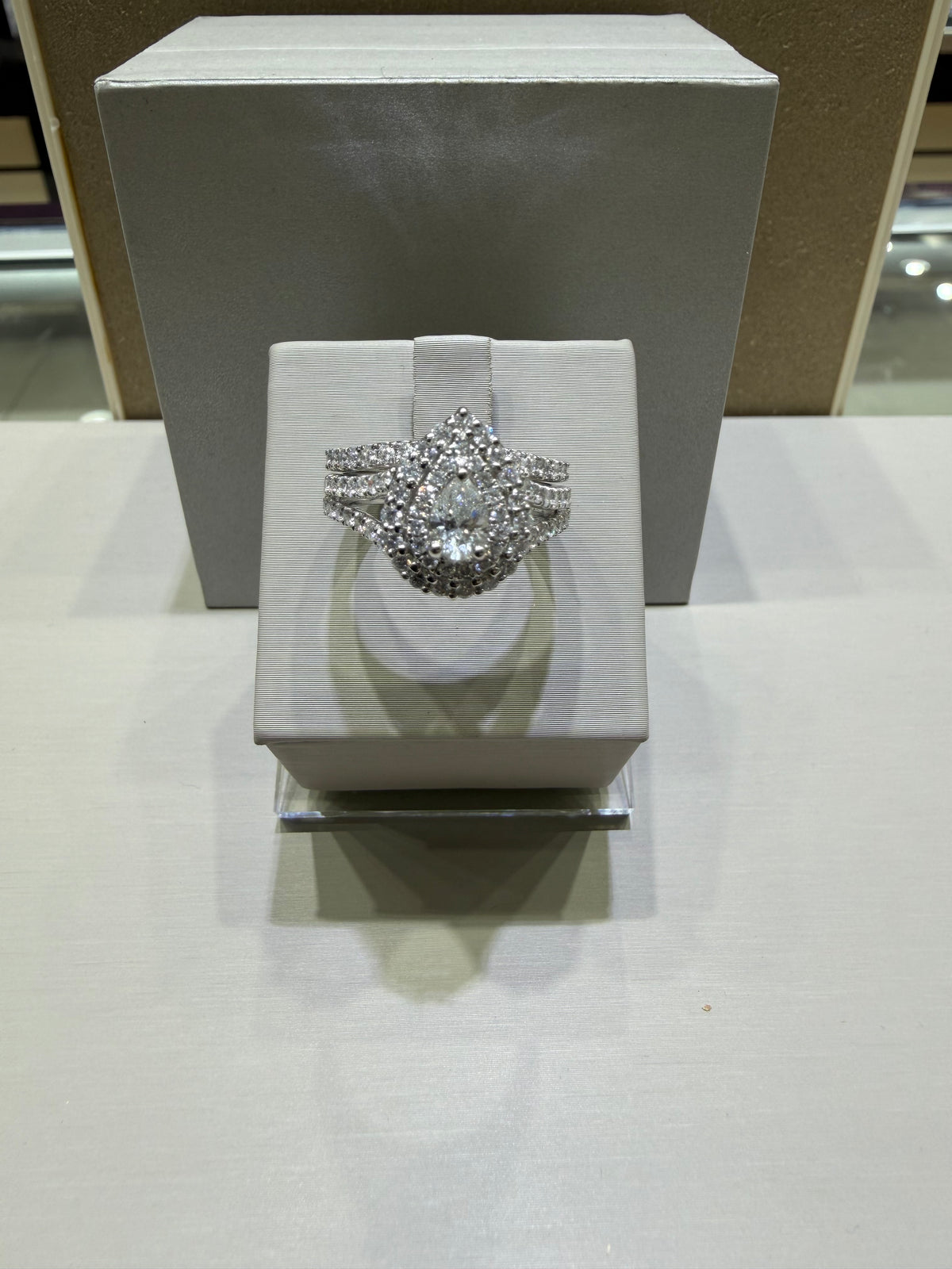 1.50 CTW Natural Diamond Pear Shape Double Halo Bridal Set | 14K White Gold
