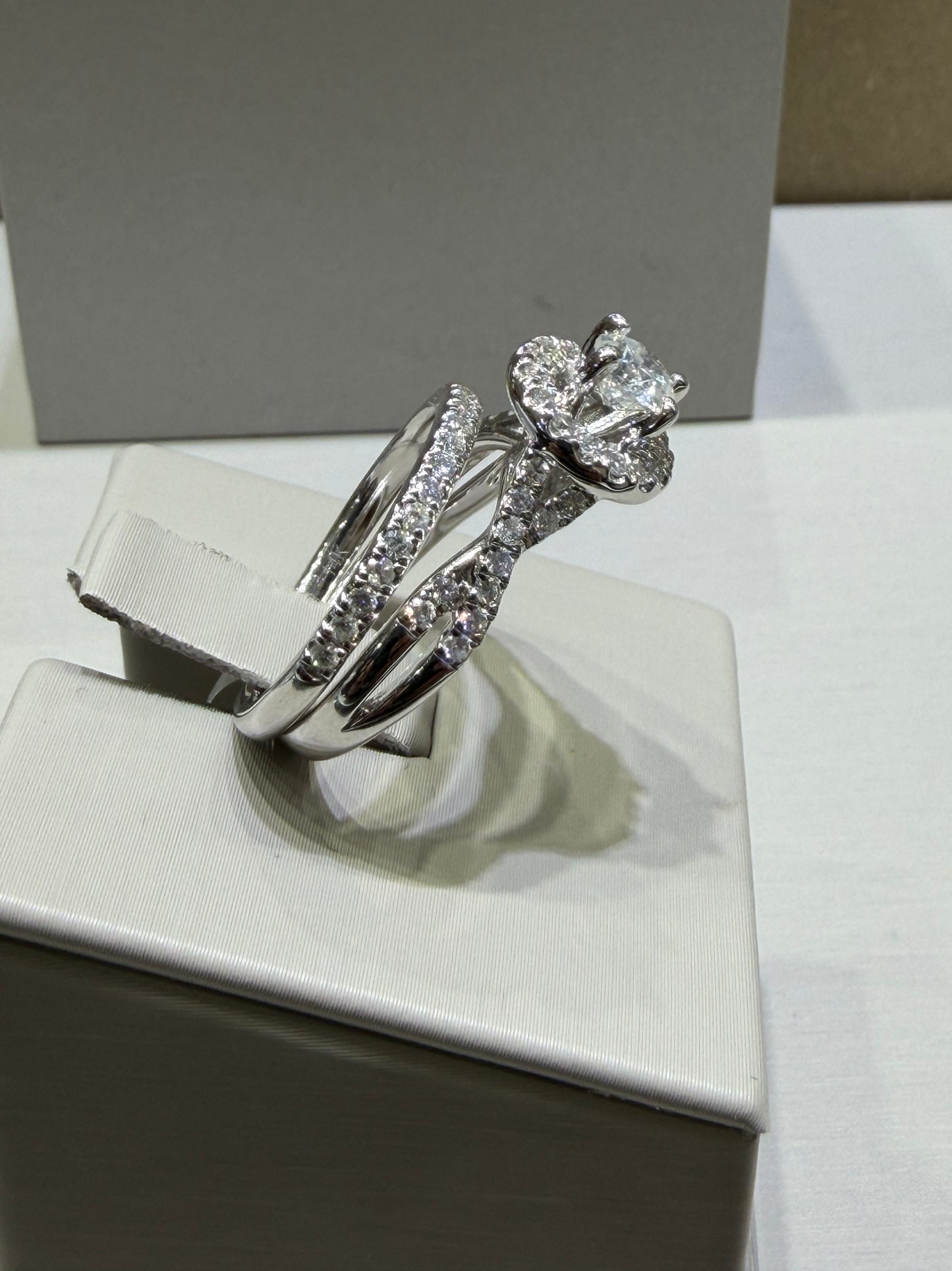 1.00 CTW Natural Diamond Round Halo Twist Bridal Set | 14K White Gold