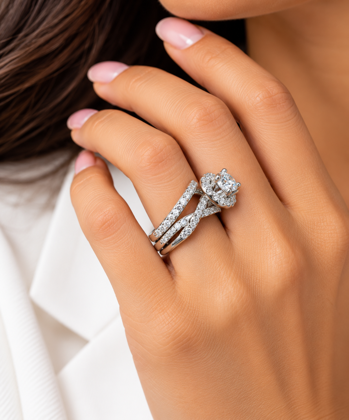 1.00 CTW Natural Diamond Round Halo Twist Bridal Set | 14K White Gold