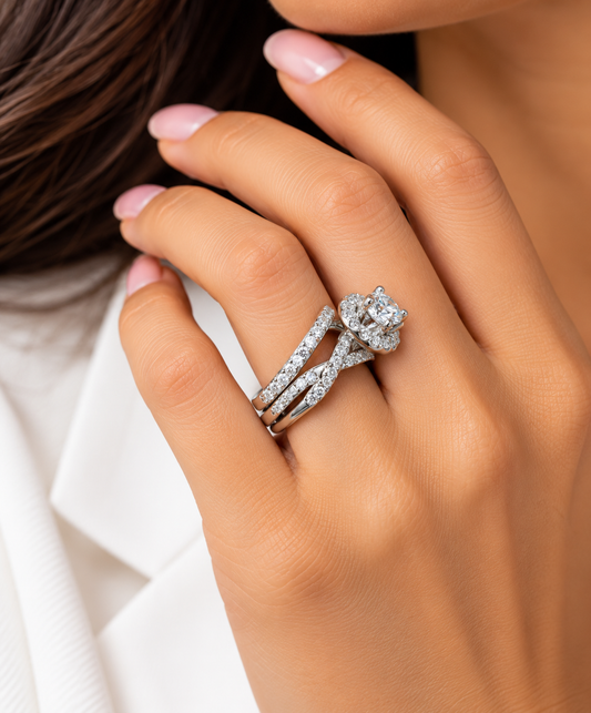 1.00 CTW Natural Diamond Round Halo Twist Bridal Set | 14K White Gold