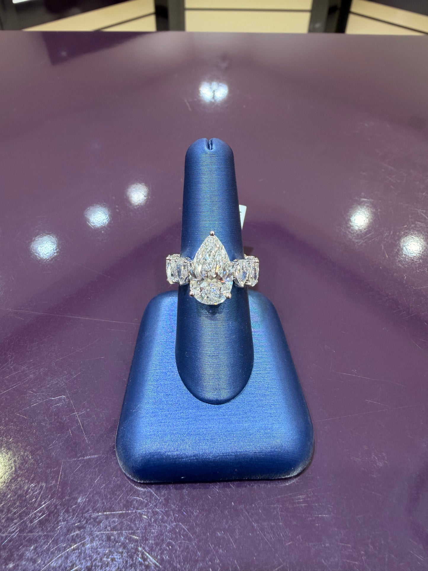 Custom Pear Shape lab engagement ring in 14K white gold 9.79ctw