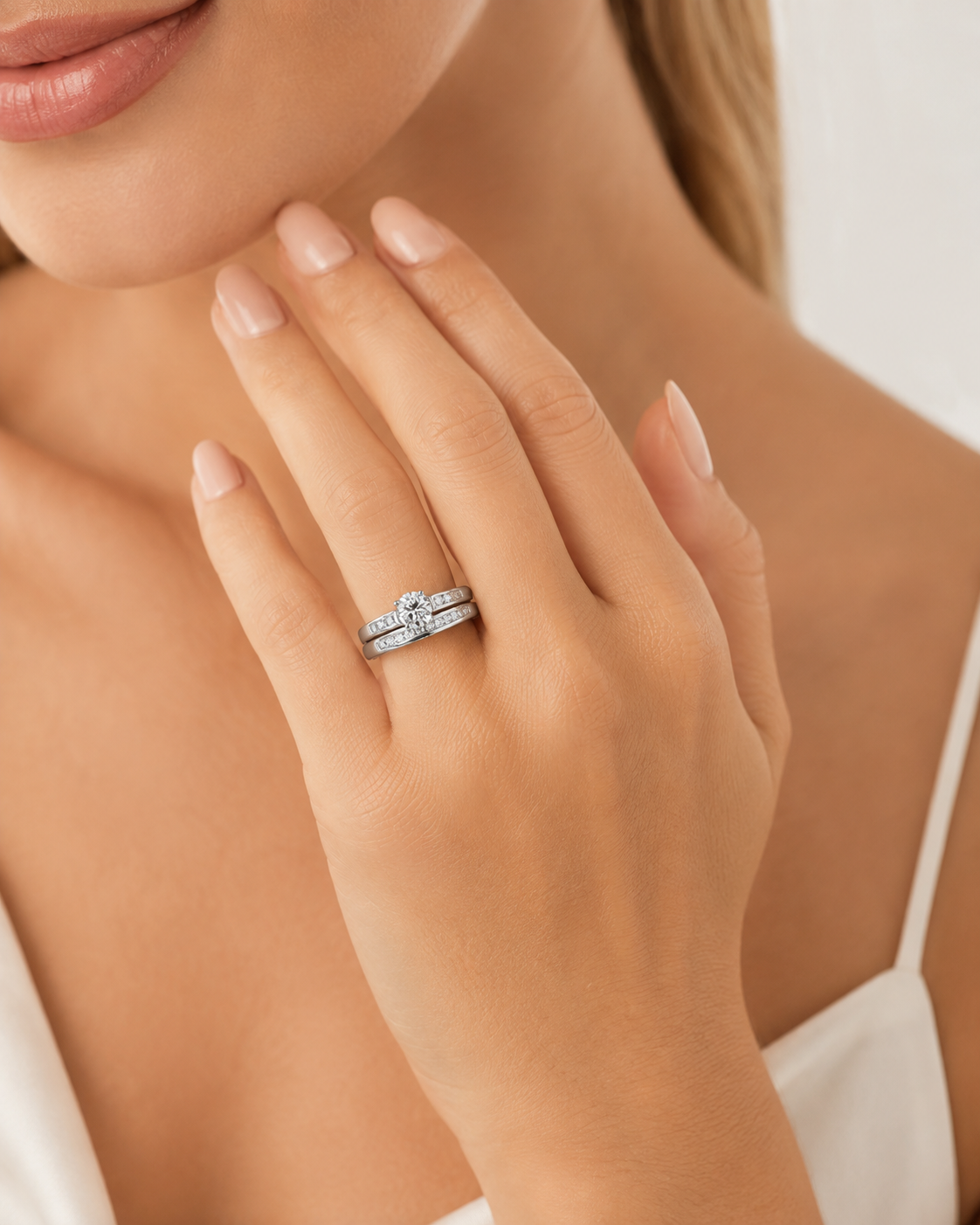 1.00 CTW Round Natural Diamond Solitaire Bridal Set in 10K White Gold | Monica Jewelers