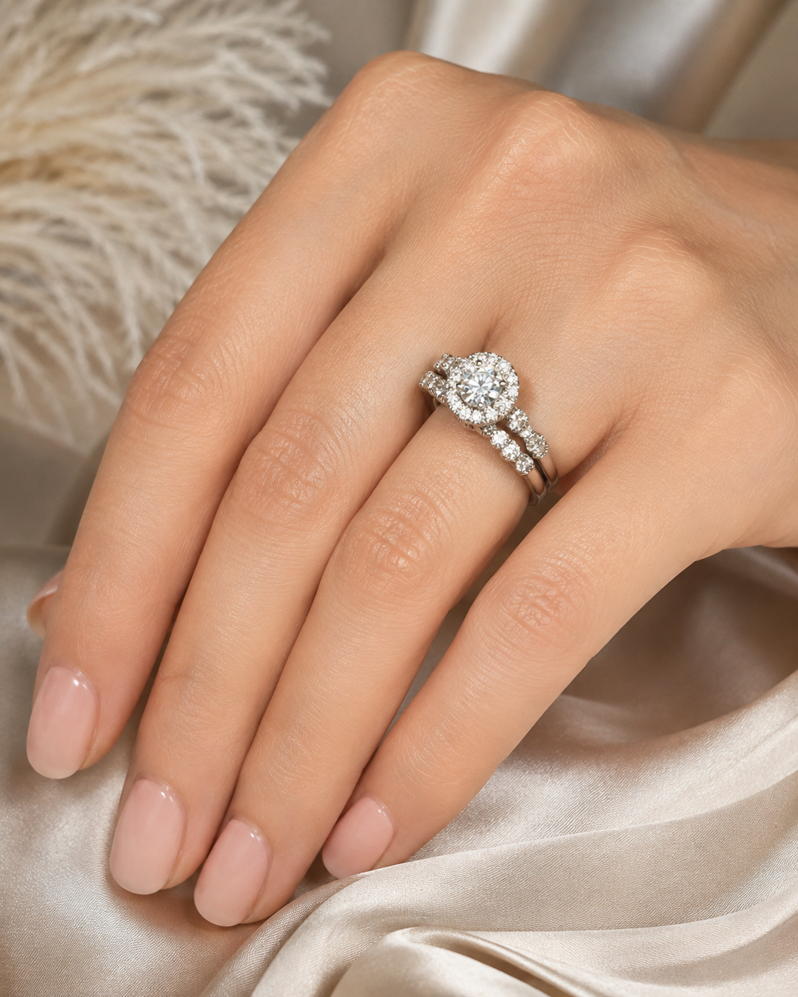 14K White Gold 1.20 CTW Natural Diamond Halo Wedding Set – 0.50 CT Round Center