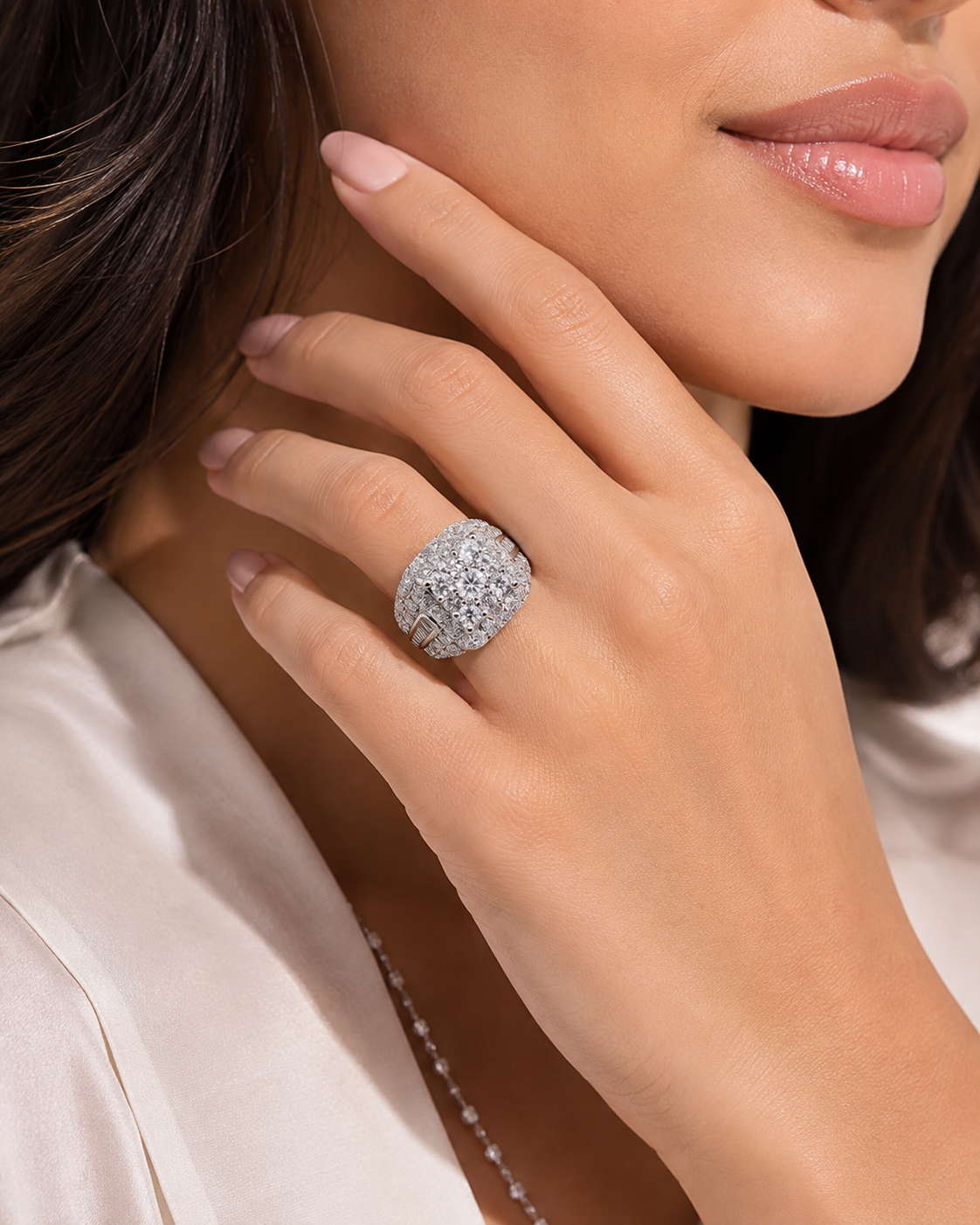 3 CTW Natural Round & Baguette Diamond Halo Ring | 14K White Gold