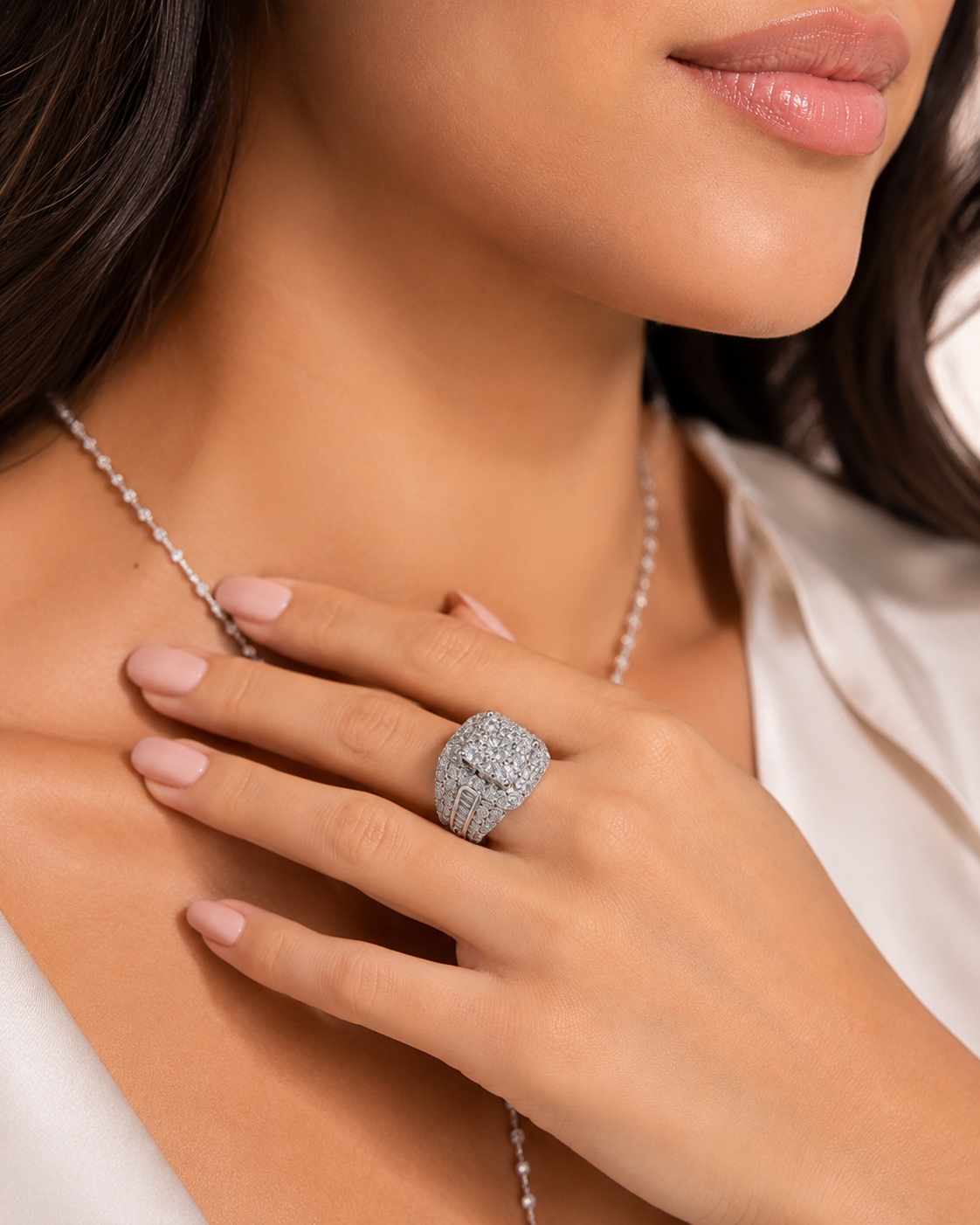 3 CTW Natural Round & Baguette Diamond Halo Ring | 14K White Gold