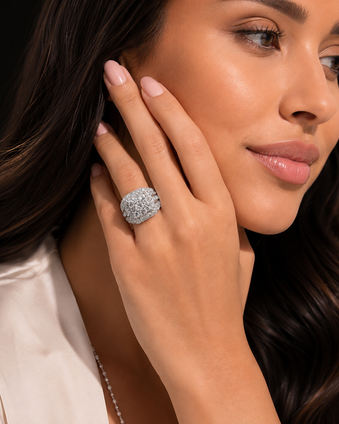 3 CTW Natural Round & Baguette Diamond Halo Ring | 14K White Gold
