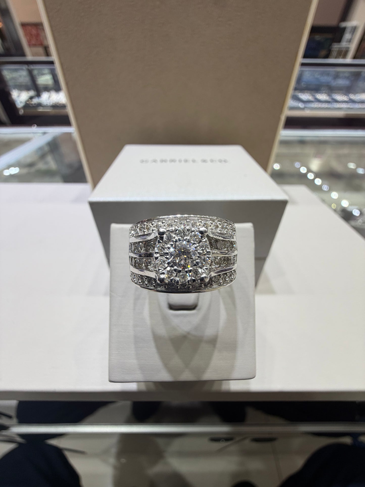 1.50 CTW Round Halo Diamond Engagement Ring | 14K White Gold Wide Band