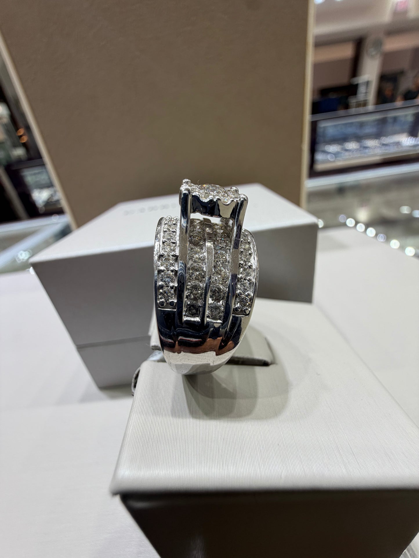 1.50 CTW Round Halo Diamond Engagement Ring | 14K White Gold Wide Band