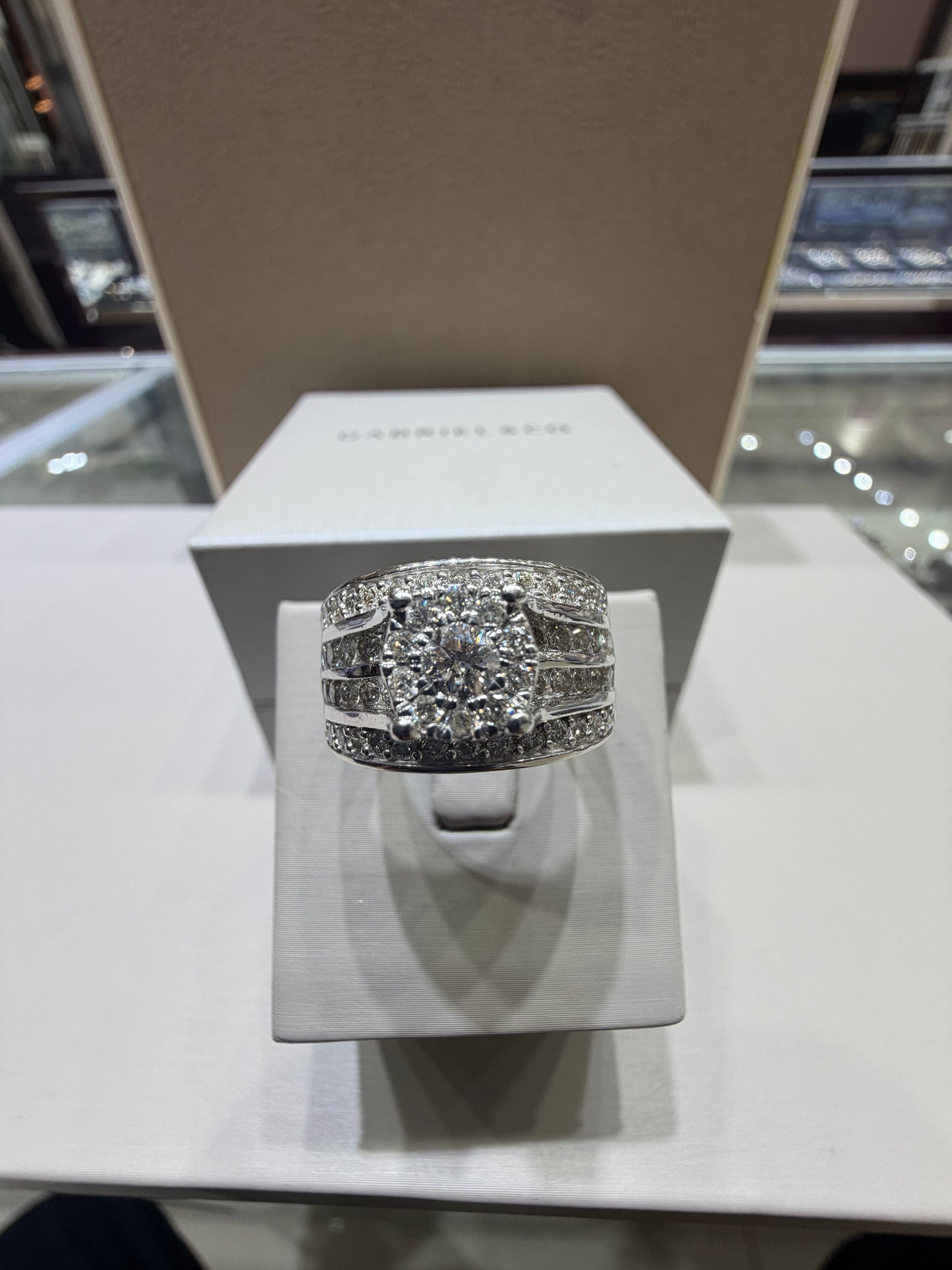 1.50 CTW Round Halo Diamond Engagement Ring | 14K White Gold Wide Band