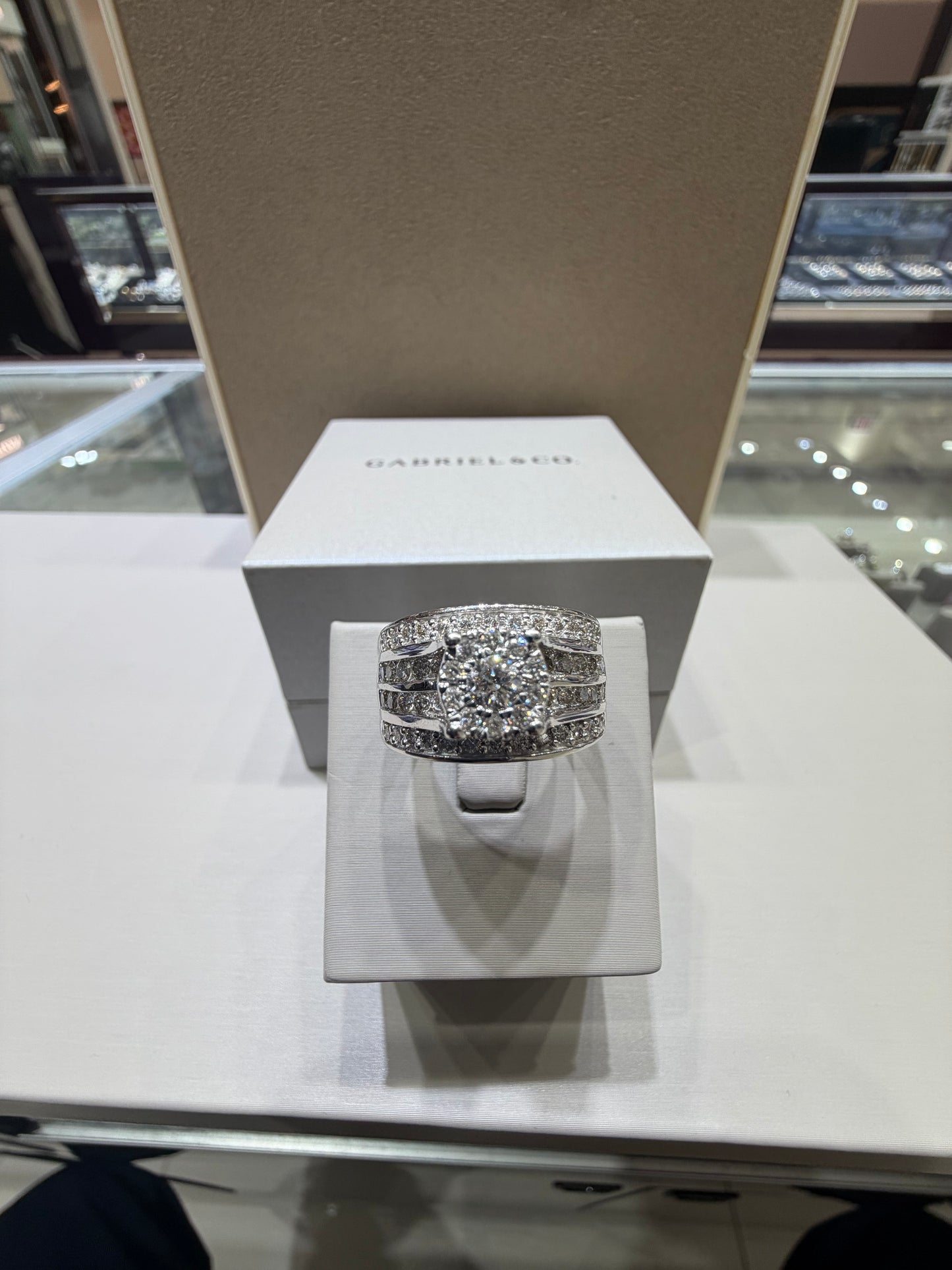 1.50 CTW Round Halo Diamond Engagement Ring | 14K White Gold Wide Band
