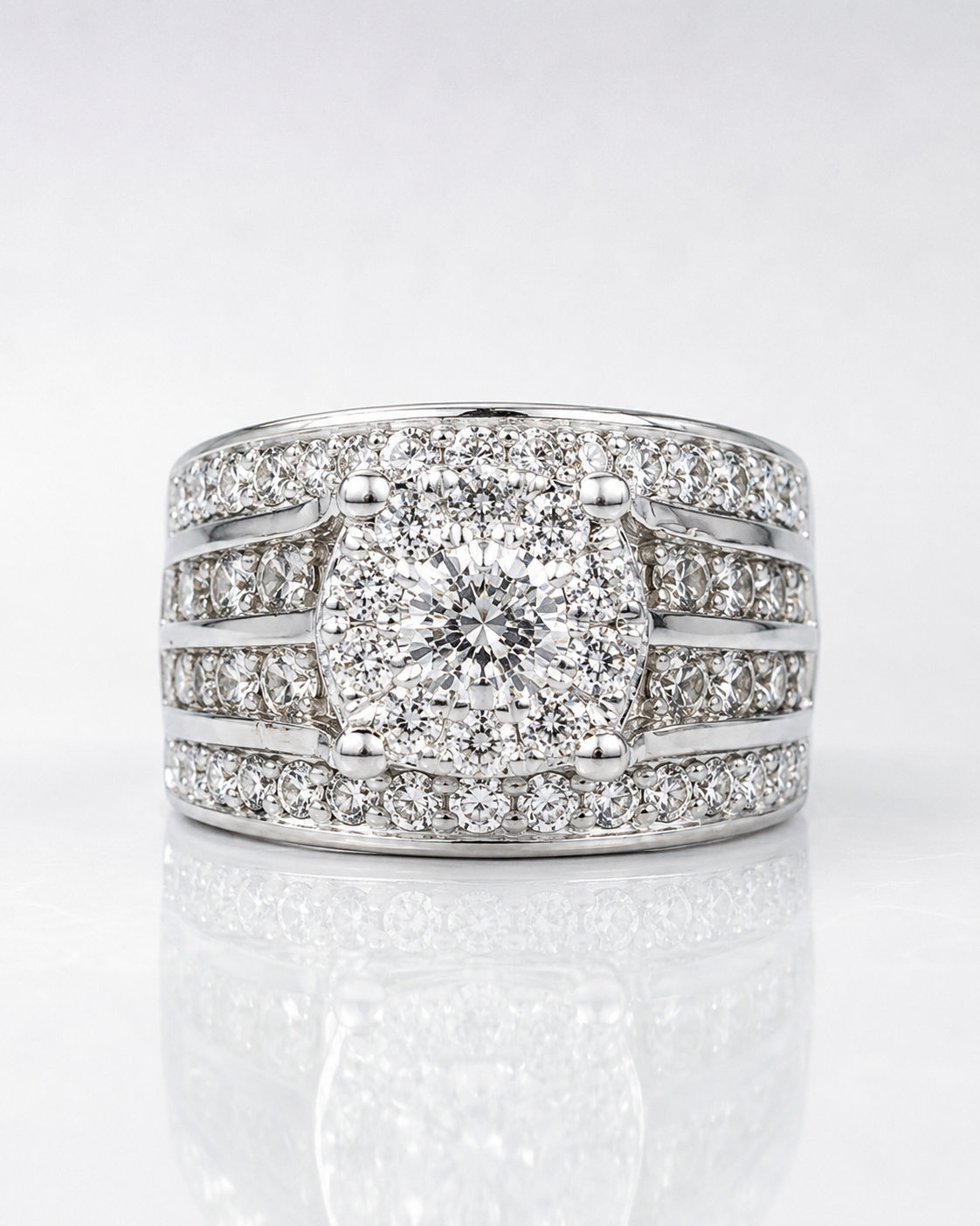 1.50 CTW Round Halo Diamond Engagement Ring | 14K White Gold Wide Band