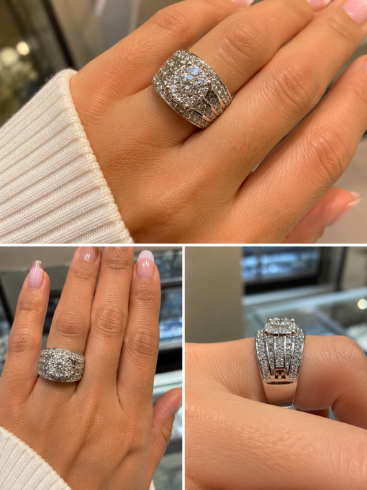 1.50 CTW Round Halo Diamond Engagement Ring | 14K White Gold Wide Band