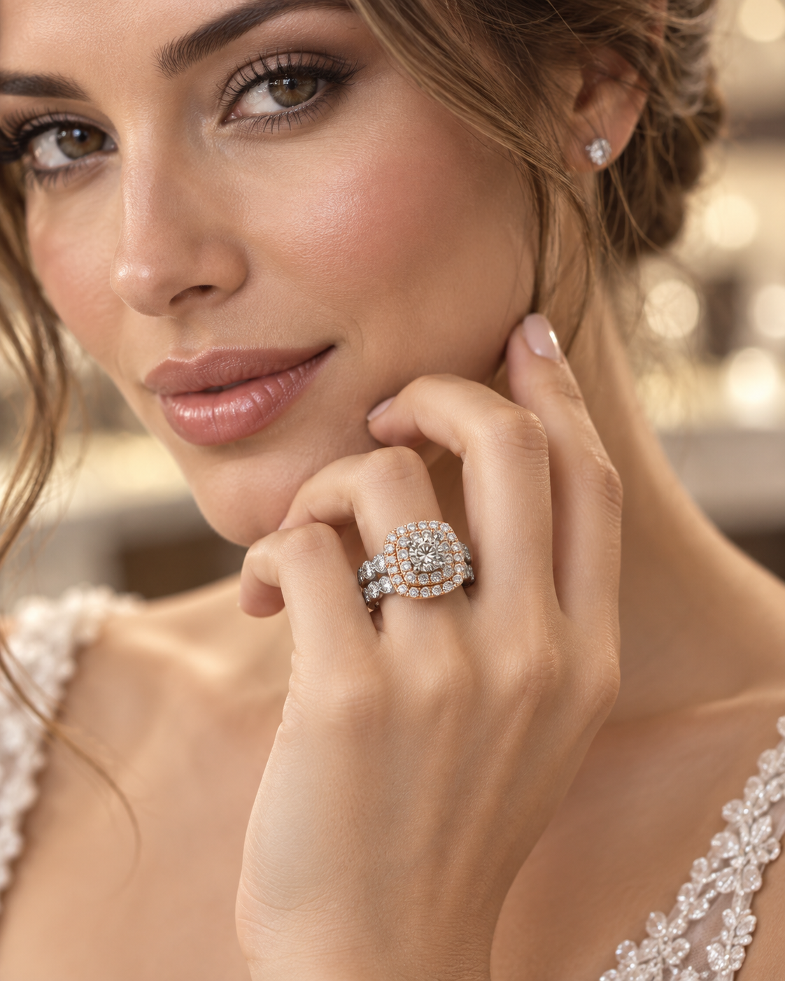 14K Two-Tone White & Rose Gold Double Halo Diamond Wedding Set