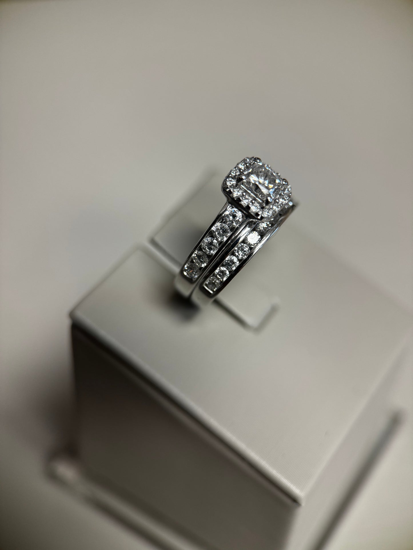 14K White Gold Radiant Halo Wedding Set – .46 Carat Center Diamond