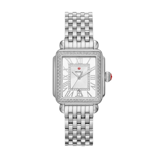 Michele Deco Madison Mid Diamond watch 29mm x 31mm silver white sunray w/ dial