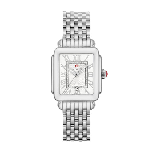Michele Deco Madison Mid Diamond watch 29mm x 31mm silver white sunray w/ dial