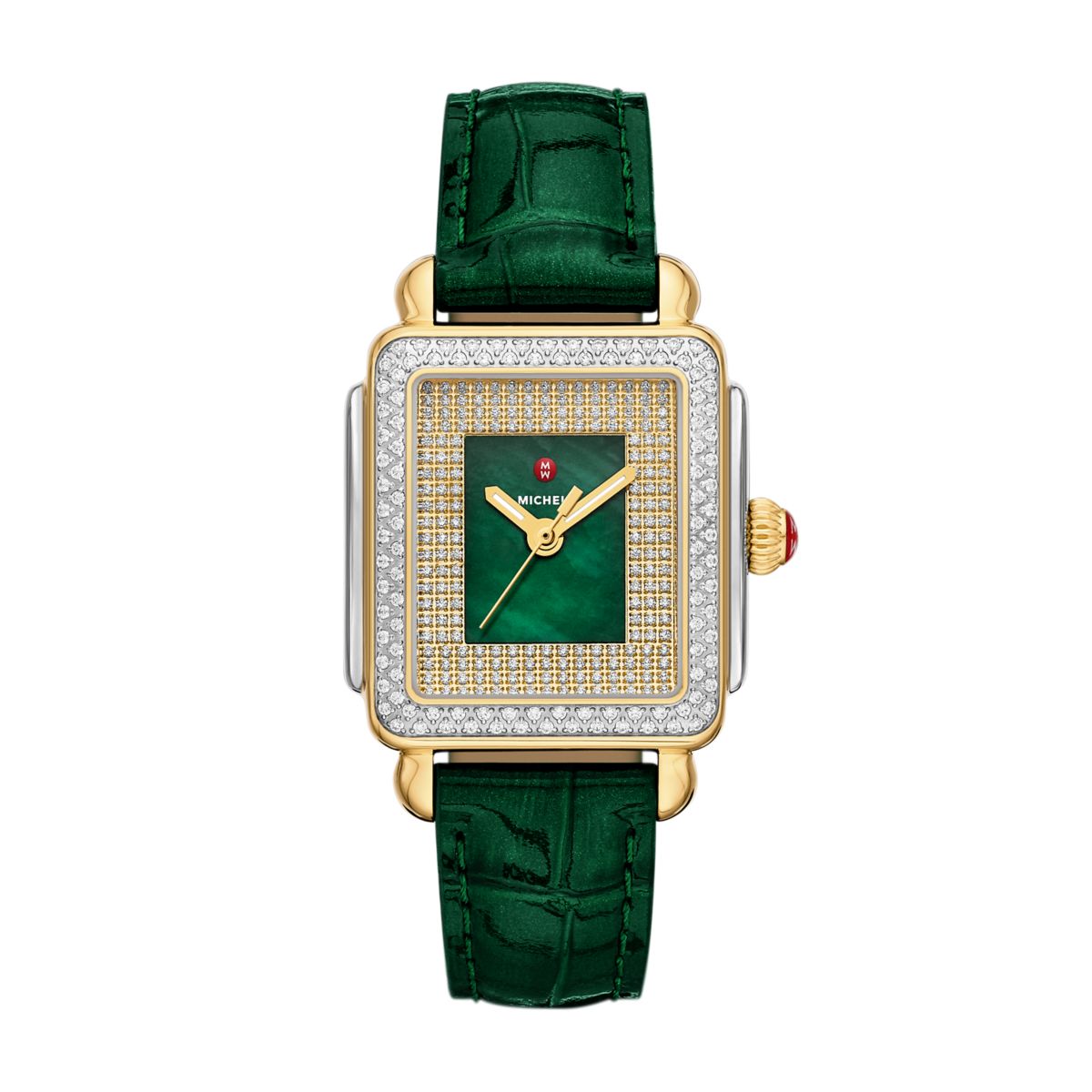 Michele Meggie watch 29mm x 29mm lush green mop w/diamonds pave, two tone dial